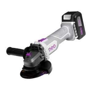 NEO, ESMERIALDORA ANGULAR 4 1/2", RECARGABLE A BATERIA 20V, 0-9000/MIN EJE 5/8" SIN CARBONES
