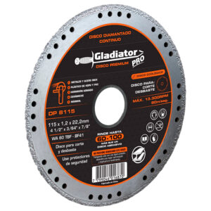 GLADIATOR, DISCO DIAMANTADO PREMIUM, GRANO 45 DIAMETRO 4 1/2X3/64X7/8 RPM MAX 13,300 A 80M/S