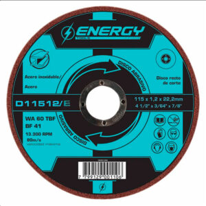 ENERGY, DISCO DE CORTE RECTO EXTRA FIONO 115X1.2X22.2MM 41/2"X3/64"X7/8" WA60TBF BF41 VEL MAX.